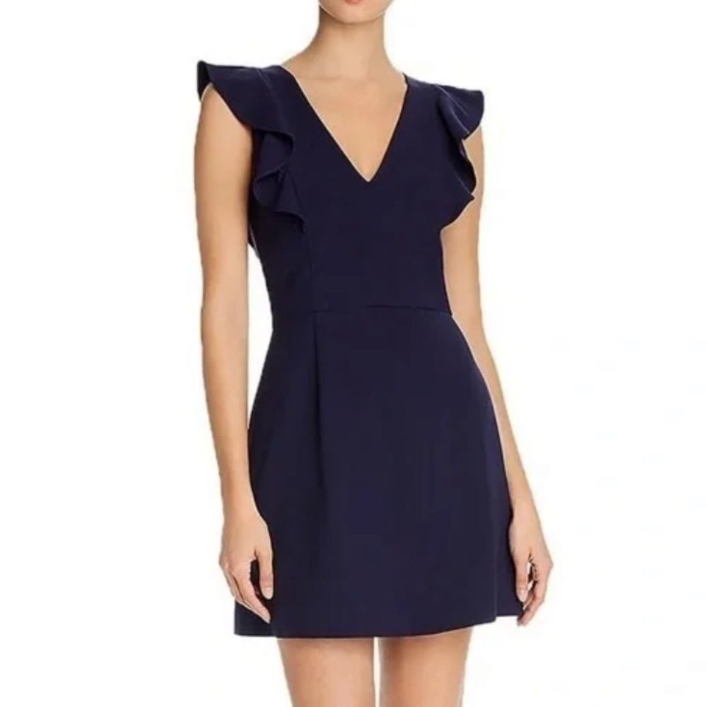 French Connection Summer Whisper Ruffle V Neck Dress in Duchess (Navy) Blue Sz 2